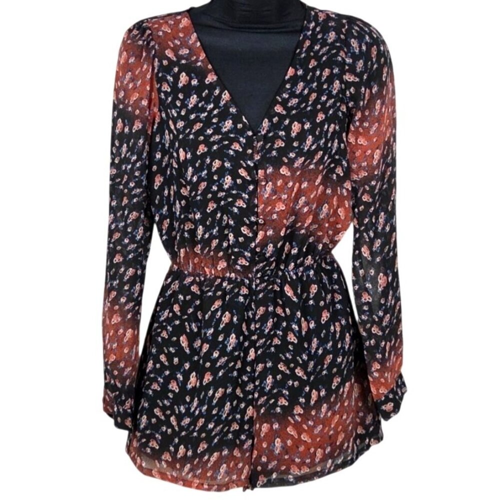 BCBGeneration XXS Floral Long Sleeve Romper Elastic Waist Sheer Button Front